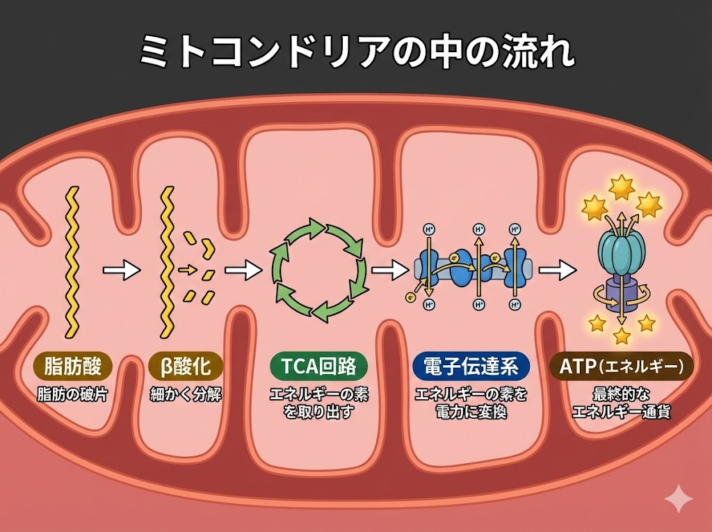 ミトコンドリアの中の流れ（脂肪酸→β酸化→TCA回路→電子伝達系→ATP）